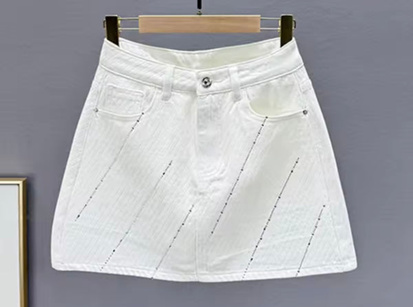 Women White Bling Rhinestone Fashion Denim Skirt