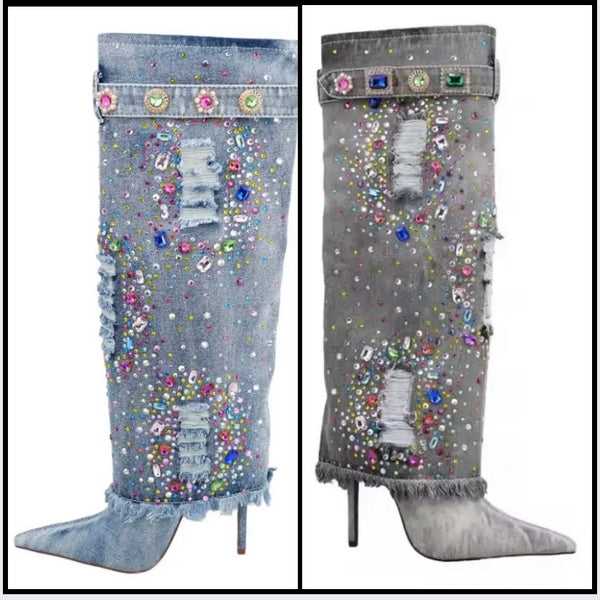 Women Pointed Toe Color Crystal Denim Knee High Boots