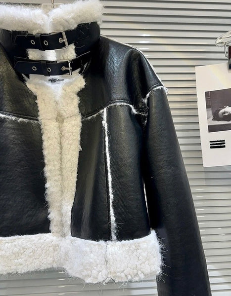 Women B&W Buckled Fashion Faux Leather Warm Jacket