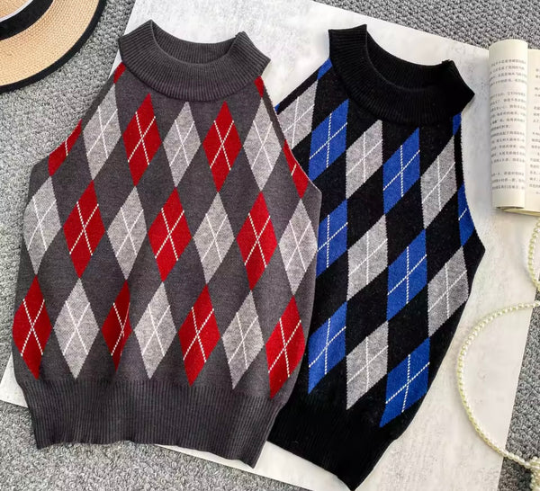 Women Fashion Argyle Print Vest Sweater Top