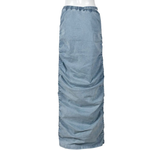 Women Ruched Fashion Denim Maxi Skirt