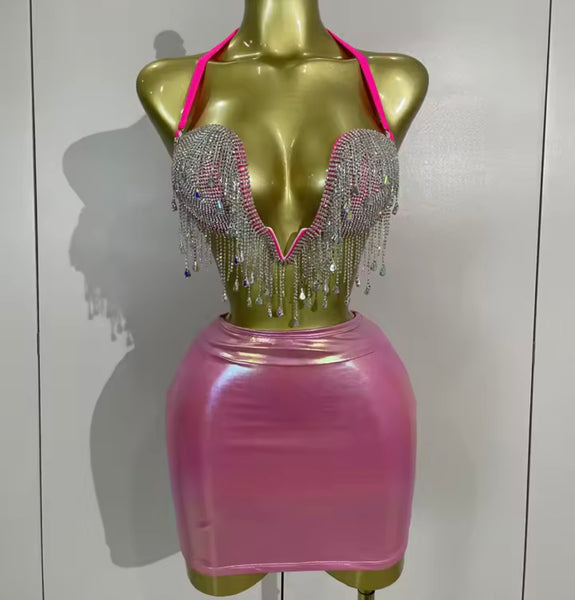 Women Rhinestone Tassel Halter Sleeveless Two Piece PU Skirt Set