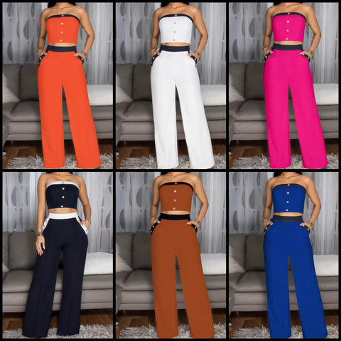 Women Sexy Button Up Strapless Color Patchwork Two Piece Pant Set