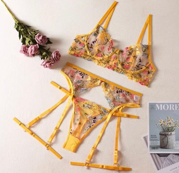 Women Sexy Colorful Floral Mesh Lingerie Set