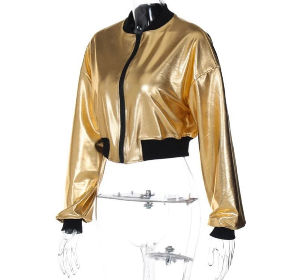 Women Fashion Metallic Color Patchwork PU Crop Jacket