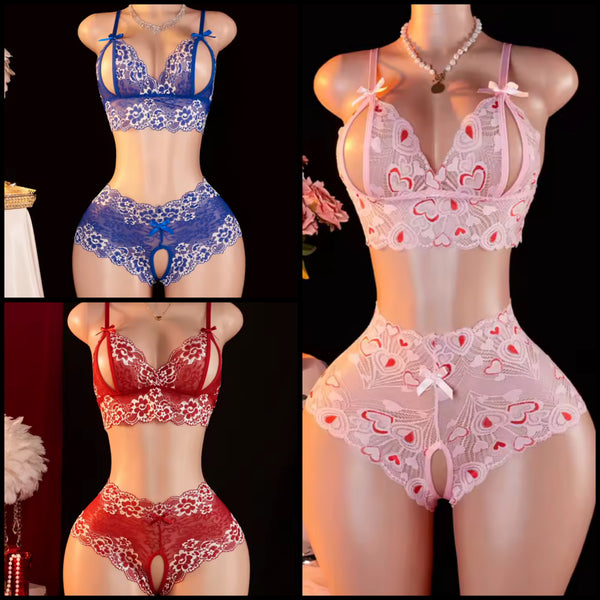 Women Sexy Printed Lace Crotchless Lingerie Set