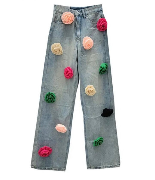 Women Fashion Multicolored Floral Denim Pants