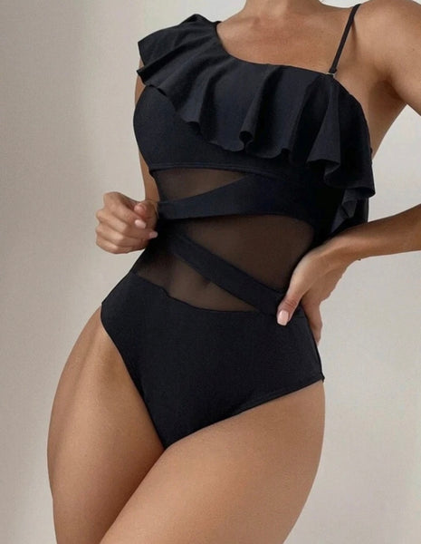 Women Sexy Ruffled Mesh Patchwork Swimsuit