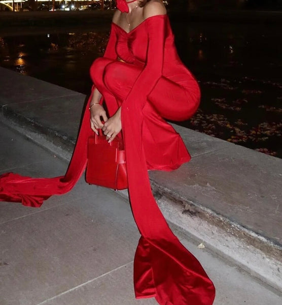 Women Sexy Red Full Sleeve Batwing Off The Shoulder Jumpsuit