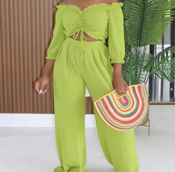Women Off The Shoulder Full Sleeve Ruched Two Piece Pant Set