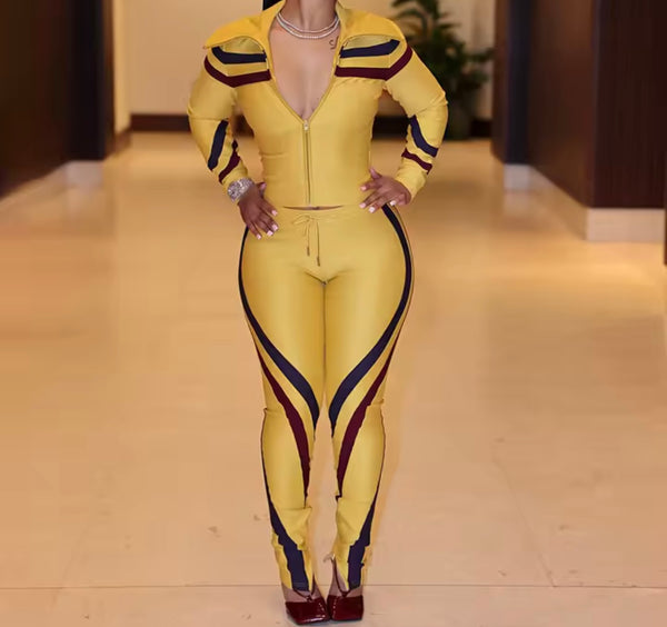 Women Striped Zip Up Full Sleeve Tracksuit Two Piece Pant Set