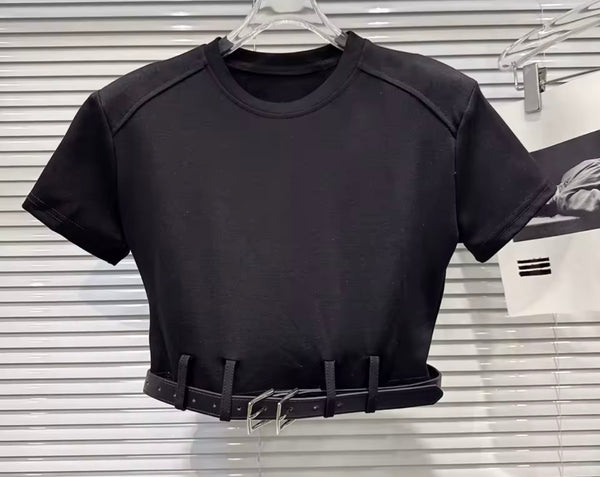 Women Fashion Belted Short Sleeve Crop Two Piece Short Set