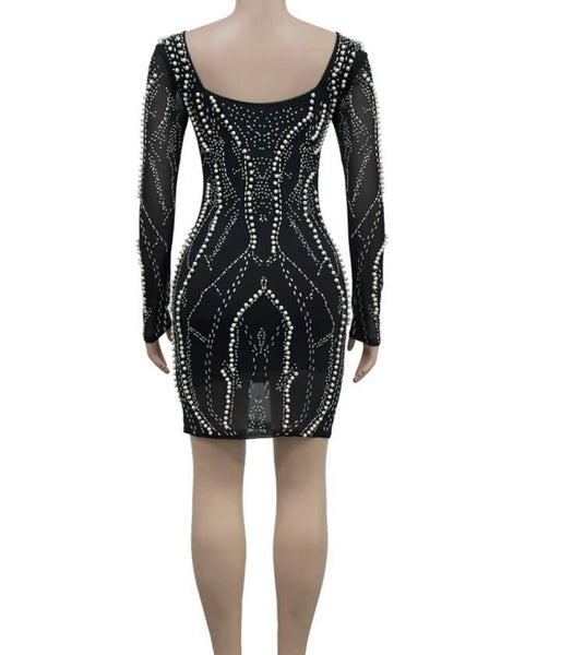 Women Sexy Pearl Bling Full Sleeve Mesh Dress