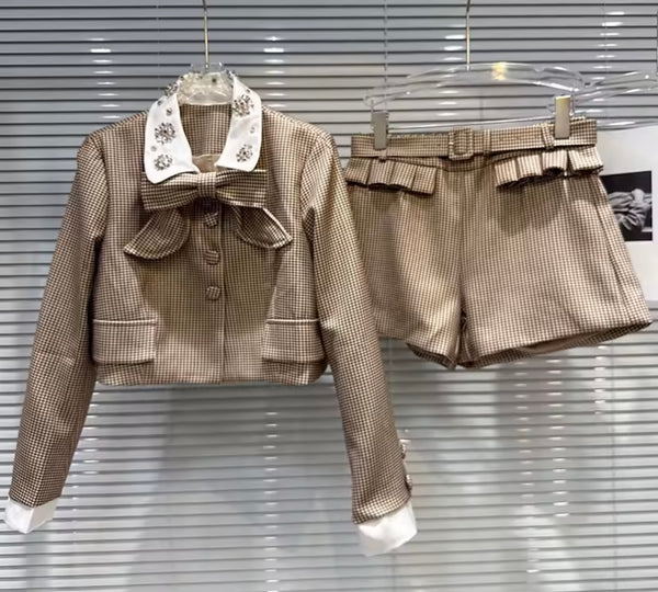 Women Bling Collar Bow Khaki Plaid Two Piece Short Set