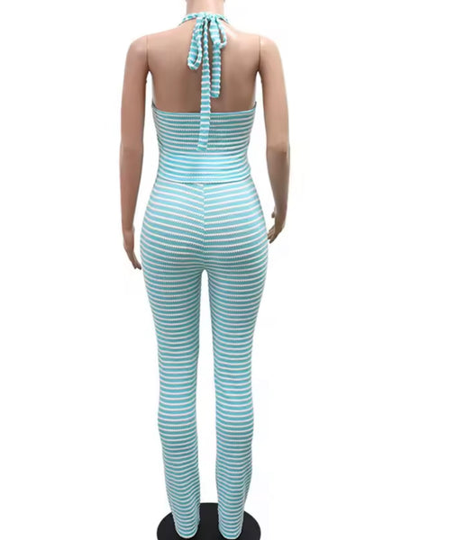 Women Sexy Striped Halter Sleeveless Two Piece Pant Set