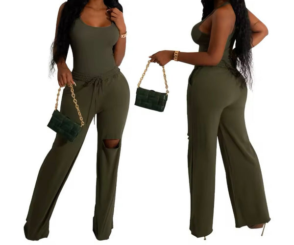 Women Color Sleeveless Bodysuit Two Piece Ripped Pant Set