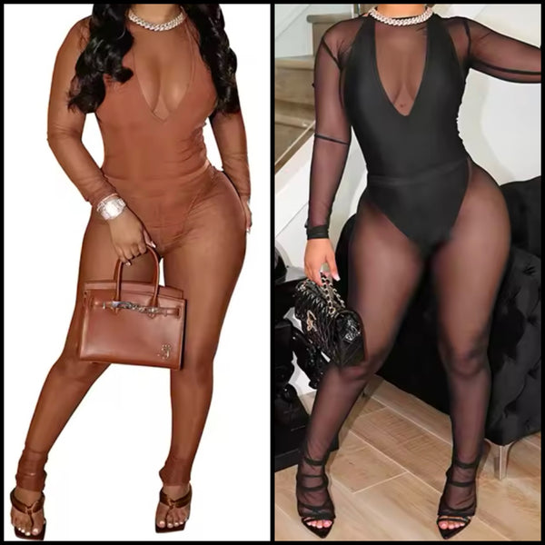 Women Sexy Solid Color Mesh See Through Two Piece Pant Set