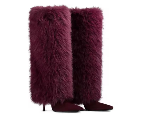 Women Fashion Color Suede Faux Fur Knee High Boots