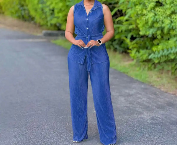 Women Button Up Sleeveless Solid Color Two Piece Pant Set