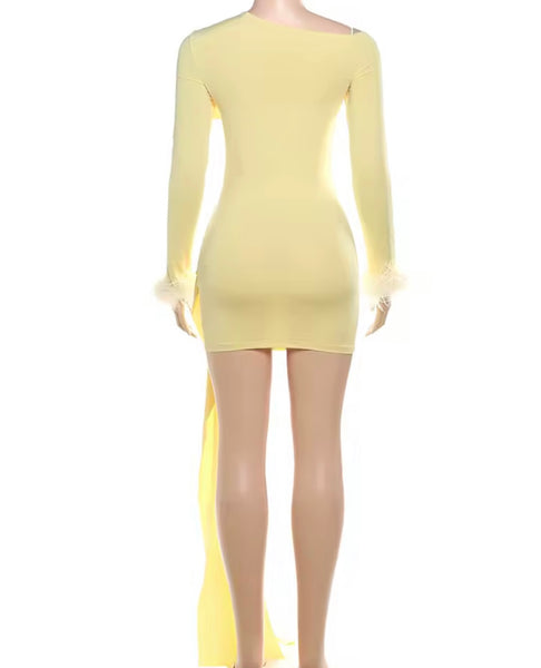 Women Sexy Yellow Feather Full Sleeve Ruched Dress