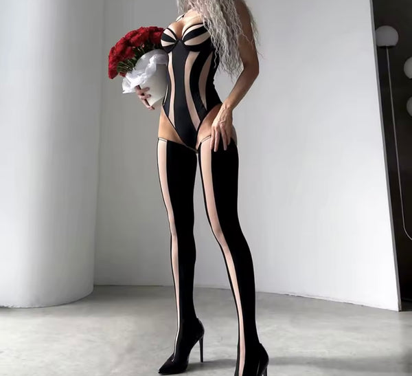 Women Sexy Sleeveless Black Mesh Patchwork Bodysuit Lingerie Set