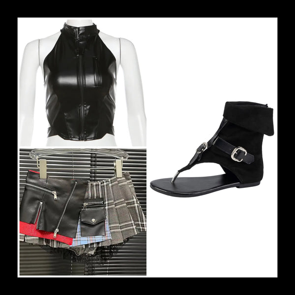 Women Sexy Fashion Faux Leather Plaid Pleated Short Skirt