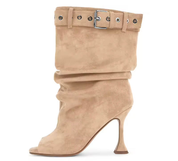 Women Color Open Toe Suede Buckle Ruched High Heel Boots