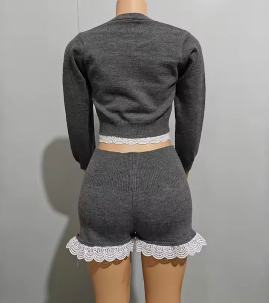 Women Gray Lace Patchwork Full Sleeve Two Piece Short Set