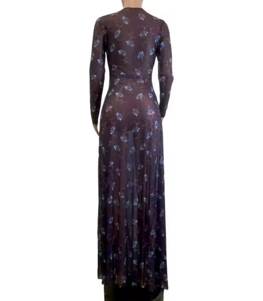 Women Sexy Purple Printed Full Sleeve Side Split Maxi Dress