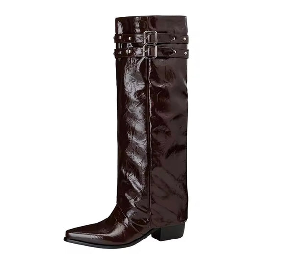 Women Fashion Patent Leather Buckled Detachable Knee High Boots