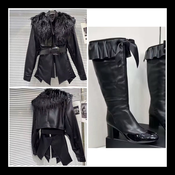 Women Black Fur Patchwork Faux Leather Open Back Jacket