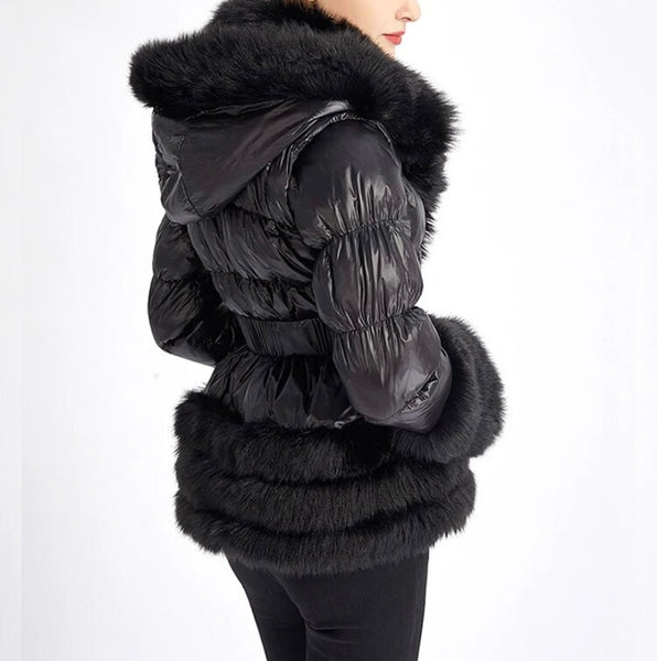 Women Fashion Hooded Faux Fur Patchwork Belted Jacket