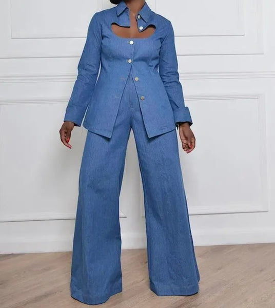 Women Fashion Button Up Full Sleeve Denim Two Piece Pant Set