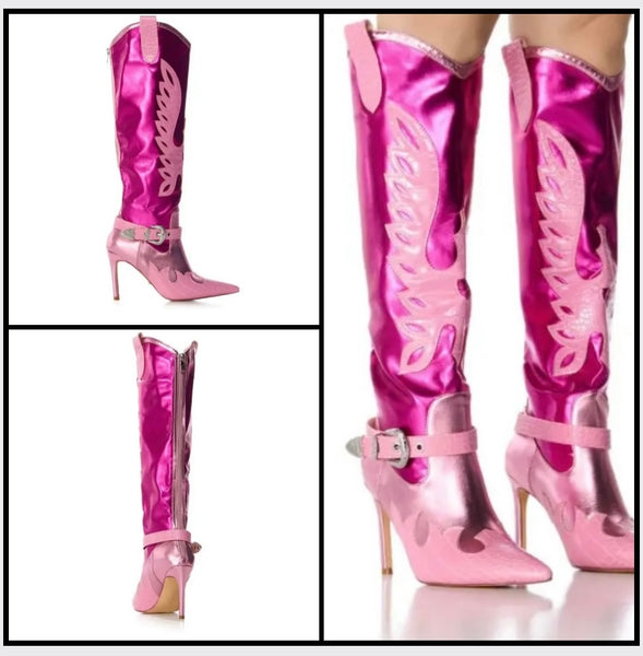 Women Fashion Pink Buckled Knee High Western Boots