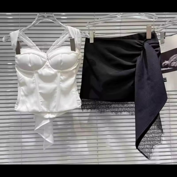 Women Tie Up Sleeveless Two Piece Skirt Set