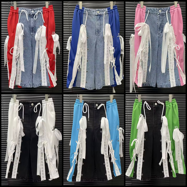 Women Fashion Color Patchwork Lace Tie Up Denim Capri Pants