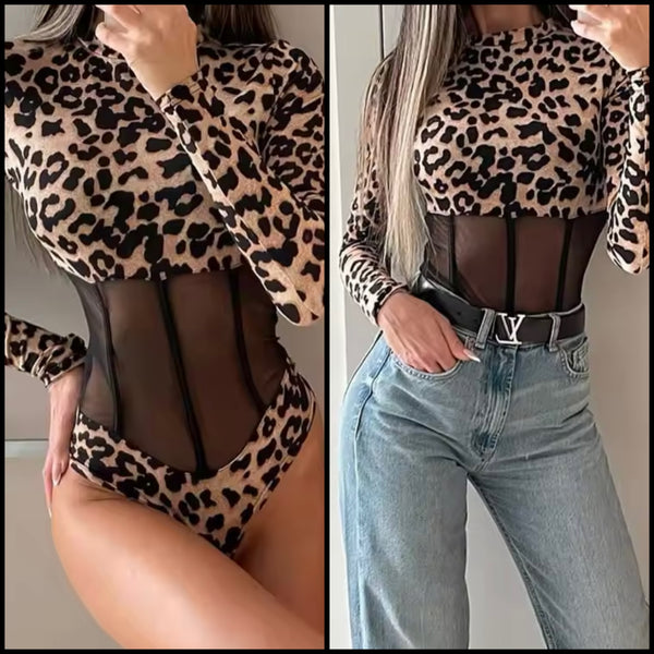 Women Sexy Leopard Mesh Patchwork Full Sleeve Bodysuit Top