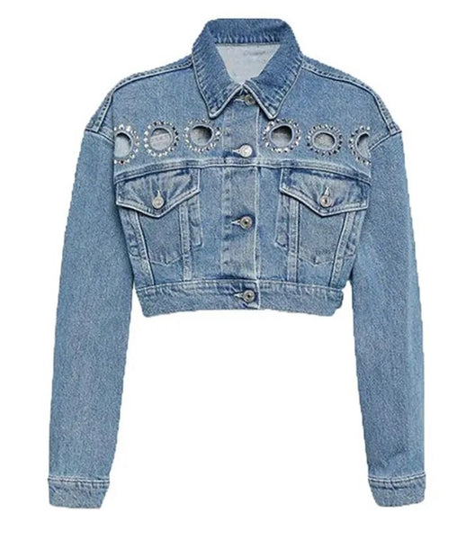 Women Fashion Cut Out Rhinestone Patchwork Denim Jacket