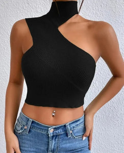 Women Sexy Ribbed One Shoulder Sleeveless Crop Top