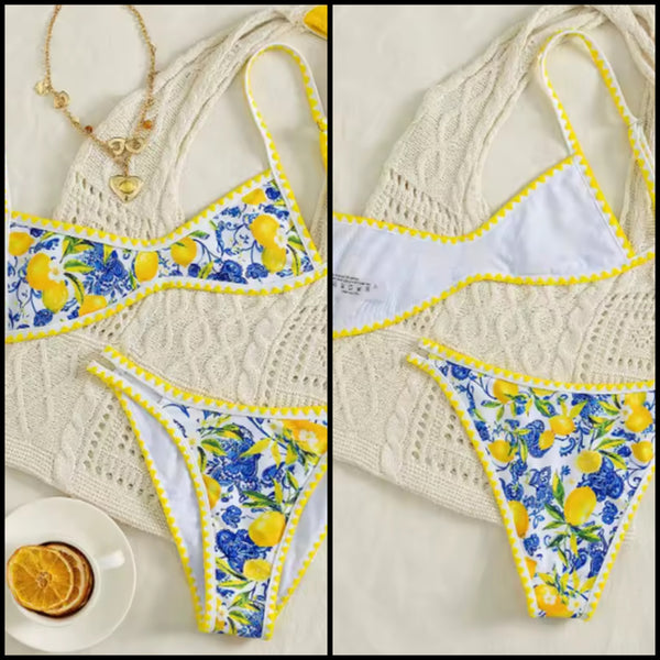 Women Sexy Lemon Print Bikini Swimsuit