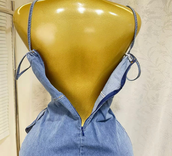 Women Sexy Sleeveless Ruffled Denim Dress