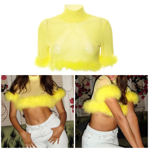 Women Sexy Fashion Feather Mesh Yellow Crop Top