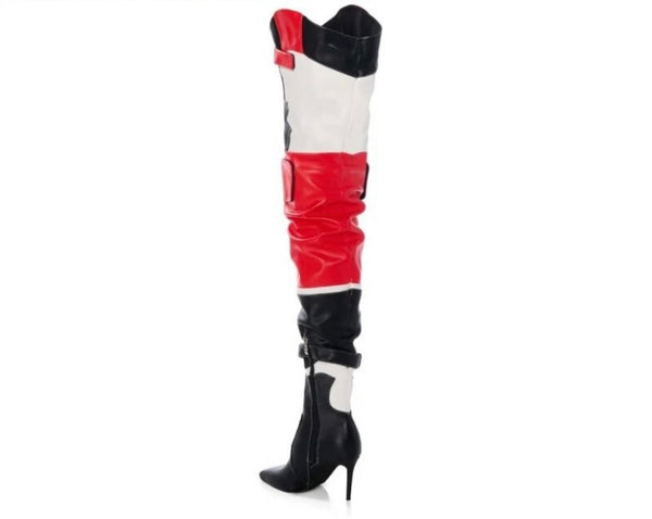 Women Color Patchwork Fashion Faux Leather Over The Knee High Heel Boots