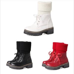Women Color Fashion Knitted Faux Leather Lace Up Ankle Boots