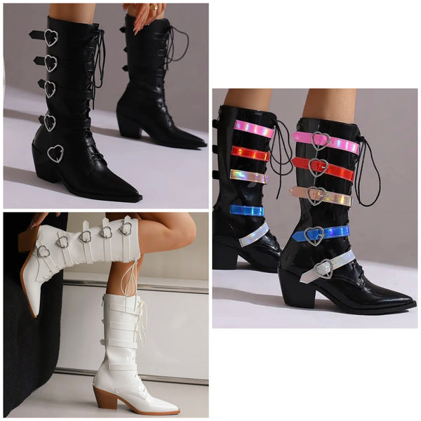 Women Pointed Toe Heart Buckled Lace Up Fashion Boots