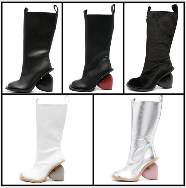 Women Fashion Faux Leather Heart Heel Knee High Boots