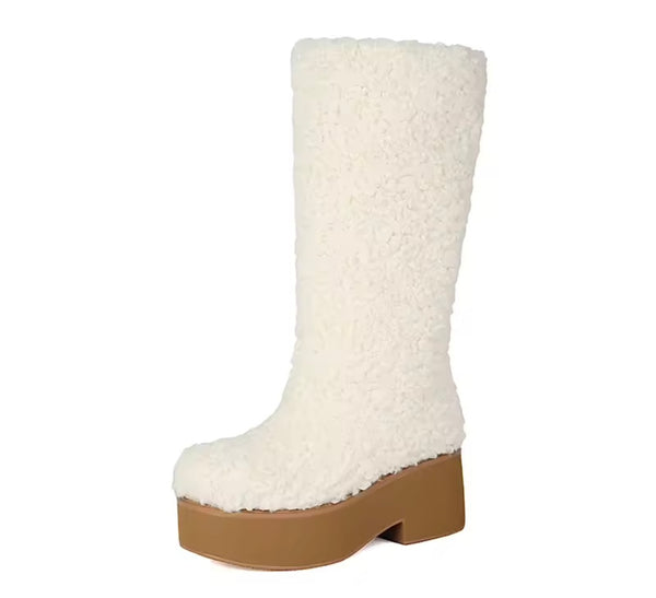 Women Fashion Furry Fleece Platform Knee High Boots