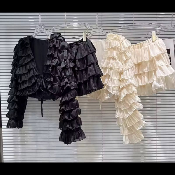 Women Sexy Ruffled Full Sleeve Two Piece Skirt Set