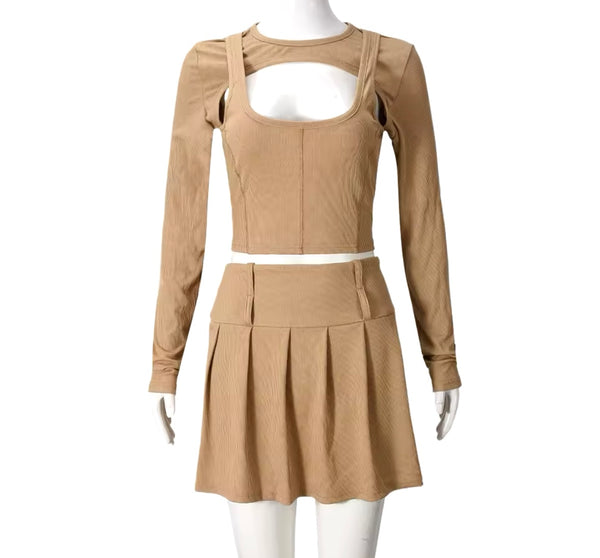 Women Sexy Khaki Full Sleeve Crop Two Piece Skirt Set