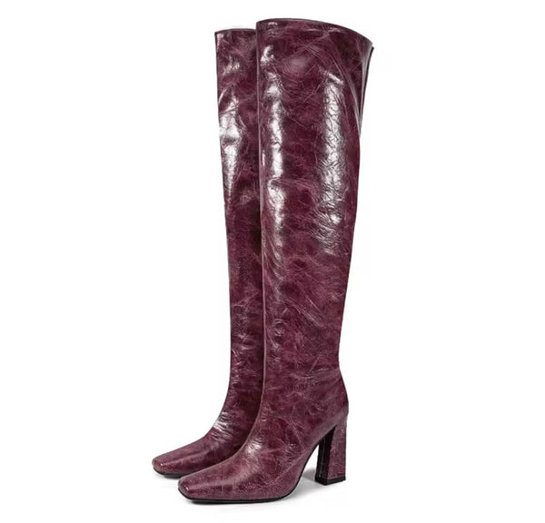Women Color Faux Leather Square Toe Fashion Knee High Boots